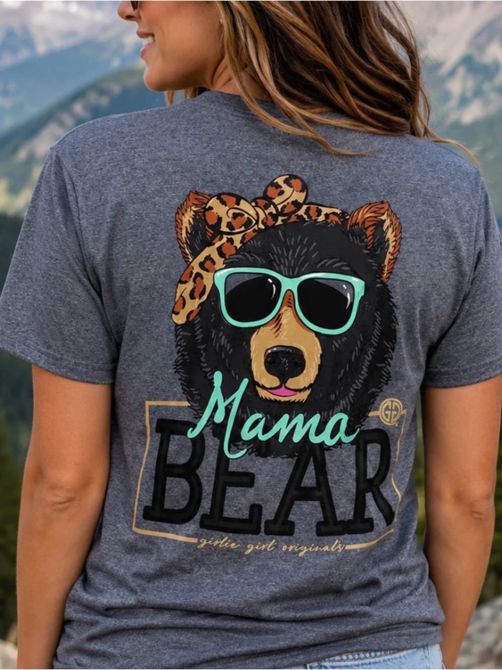 Mama Bear Graphic Tee - Gray with Teal & Leopard Accents